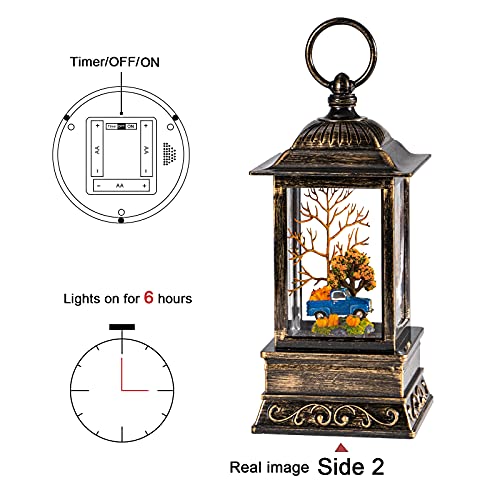 Fall Home Decor Snow Globe Lantern Thanksgiving Ornament Farm Blue Truck with Pumkin for Kids Thanksgiving Harvest Halloween Decoration Celebrate LED Lights