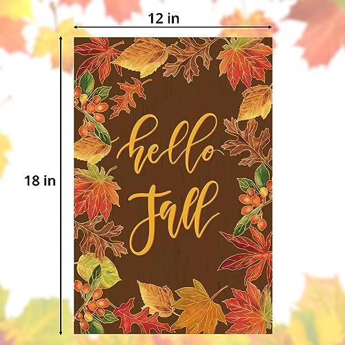 Hello Fall Garden Flags 12×18Inch Double Sided for Outside Decoration Welcome Garden Flag Farmhouse Small Seasonal Yard Flags Maple Leaf Vertica Flags for Autumn Thanksgiving Decorations