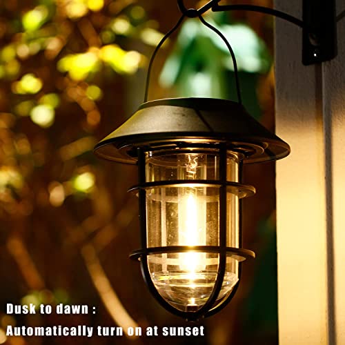 Solar Lantern Outdoor Wall Lights, Dusk to Dawn Waterproof Solar Lights Outdoor, Anti-Rust Metal Hanging Wall Lantern Sconces with Hooks, No Wiring Required,Bronze