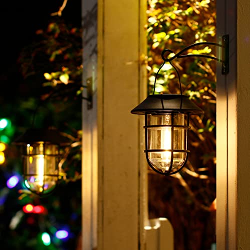 Solar Lantern Outdoor Wall Lights, Dusk to Dawn Waterproof Solar Lights Outdoor, Anti-Rust Metal Hanging Wall Lantern Sconces with Hooks, No Wiring Required, 2 Pack
