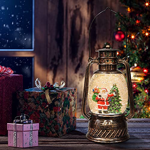7.5" Christmas Snow Globe Lantern, Lighted Santa Claus and Christmas Tree Swirling Glitter Snow Globe Water Lantern for Christmas Home Decoration, Battery Operated or USB Powered (no Music)