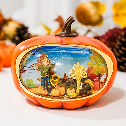 Pumpkin Snow Globe, Fall Lighted Water Lantern with Glitter Scarecrow Turkey Pumpkin Lantern for Thanksgiving Decor Fall Harvest Halloween Table Decorations