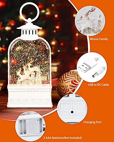 Snow Globe, Christmas Snow Globe, White Musical Sparkly Swirling Snow Globe Lantern, Christma Ornament Moose Deer Gift, Battery or USB Powered (9.9Inch)