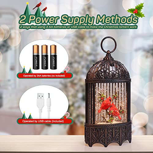 Cardinal Snow Globe, Red Bird Birdcage Christmas Decorations, Lighted Christmas Snow Globe Lantern with Swirling Glitter
