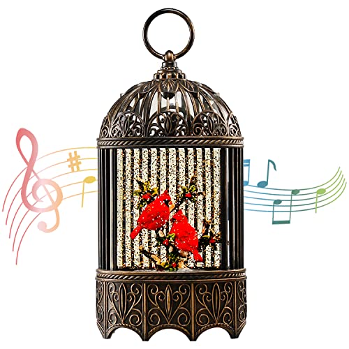 Cardinal Snow Globe, Red Bird Birdcage Christmas Decorations, Lighted Christmas Snow Globe Lantern with Swirling Glitter