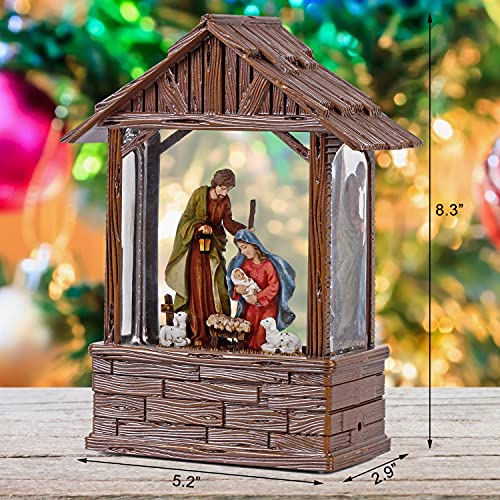 Nativity Lighted Water Lantern, Musical Snow Globe with Swirling Glitter, Battery Operated & Timer