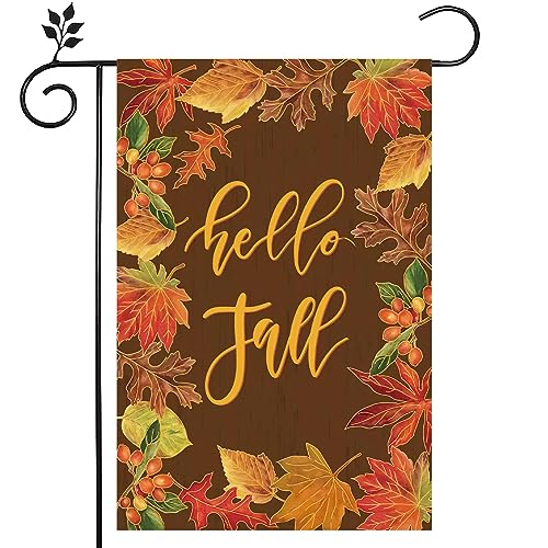 Hello Fall Garden Flags 12×18Inch Double Sided for Outside Decoration Welcome Garden Flag Farmhouse Small Seasonal Yard Flags Maple Leaf Vertica Flags for Autumn Thanksgiving Decorations