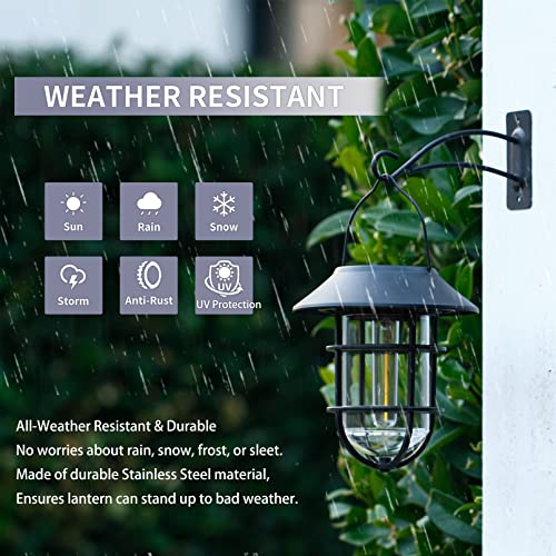Solar Lantern Outdoor Wall Lights, Dusk to Dawn Waterproof Solar Lights Outdoor, Anti-Rust Metal Hanging Wall Lantern Sconces with Hooks, No Wiring Required, 2 Pack