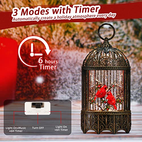 Cardinal Snow Globe, Red Bird Birdcage Christmas Decorations, Lighted Christmas Snow Globe Lantern with Swirling Glitter