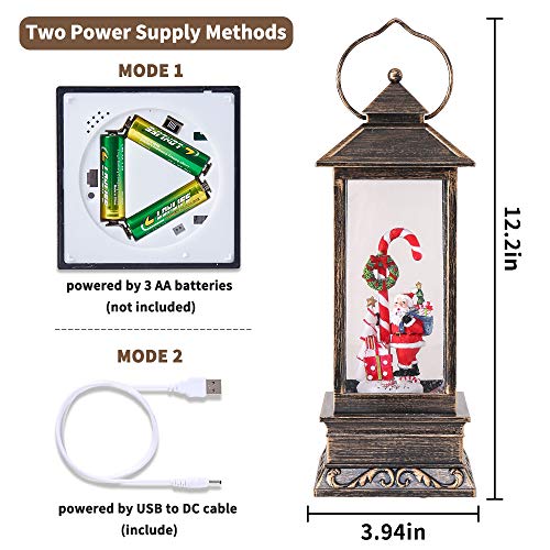 Christmas Musical Snow Globe Lantern, Spinning Water Glittering with 6 Hours Timer, USB Powered & Battery Operated for Christmas Decorations and Gifts (Santa Claus and Candy Cane)