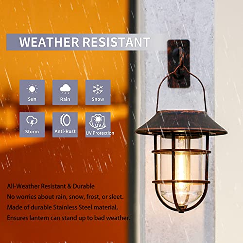 Solar Lantern Outdoor Wall Lights, Dusk to Dawn Waterproof Solar Lights Outdoor, Anti-Rust Metal Hanging Wall Lantern Sconces with Hooks, No Wiring Required,Bronze