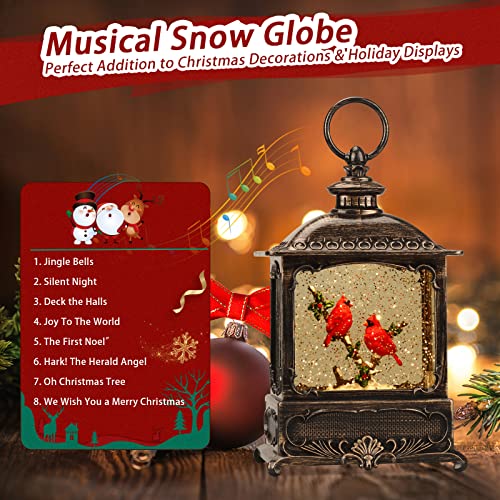Cardinal Christmas Decorations Musical Snow Globe Lantern, Lighted Snow Globe with Swirling Glitter , 3 AA Battery Operated & USB Powered, Cardinal