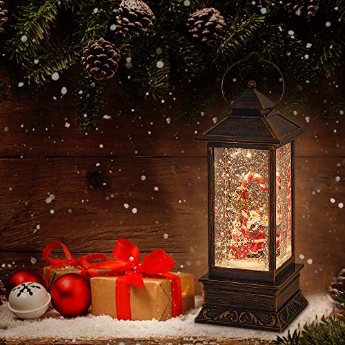 Christmas Musical Snow Globe Lantern, Spinning Water Glittering with 6 Hours Timer, USB Powered & Battery Operated for Christmas Decorations and Gifts (Santa Claus and Candy Cane)