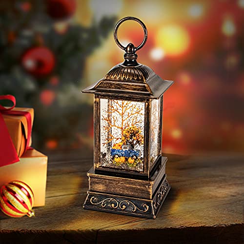 Fall Home Decor Snow Globe Lantern Thanksgiving Ornament Farm Blue Truck with Pumkin for Kids Thanksgiving Harvest Halloween Decoration Celebrate LED Lights