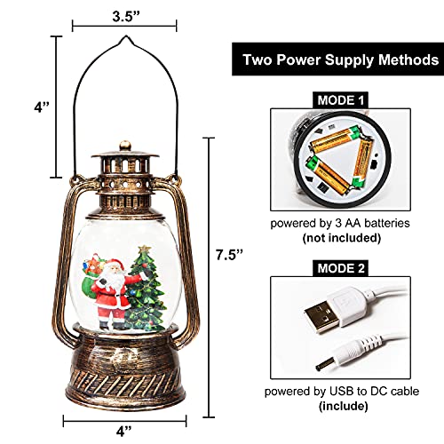 7.5" Christmas Snow Globe Lantern, Lighted Santa Claus and Christmas Tree Swirling Glitter Snow Globe Water Lantern for Christmas Home Decoration, Battery Operated or USB Powered (no Music)