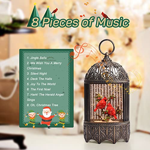 Cardinal Snow Globe, Red Bird Birdcage Christmas Decorations, Lighted Christmas Snow Globe Lantern with Swirling Glitter
