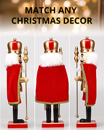 Nutcracker Christmas Decorations,15 Inch Traditional Wooden Nutcracker King Soldier,Festive Christmas Décor for Shelves and Tables