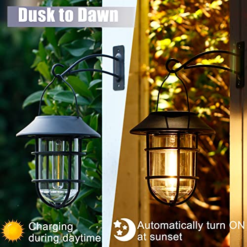 Solar Lantern Outdoor Wall Lights, Dusk to Dawn Waterproof Solar Lights Outdoor, Anti-Rust Metal Hanging Wall Lantern Sconces with Hooks, No Wiring Required, 2 Pack