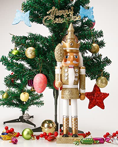 Nutcracker Christmas Decorations,15 Inch Traditional Wooden Nutcracker King Soldier,Festive Christmas Décor for Shelves and Tables