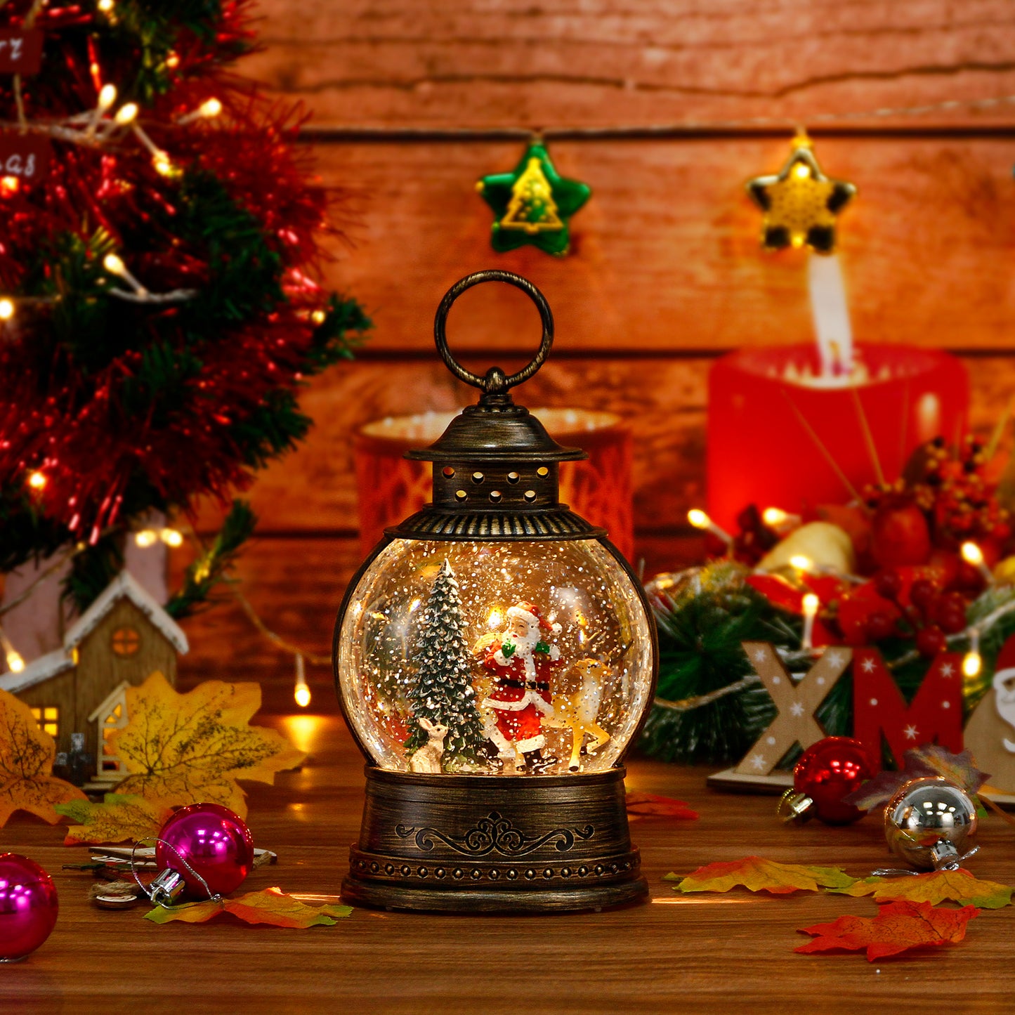 Christmas Decorations Musical Snow Globe Lantern, Water Glittering Lighted Plug-in , 3 AAA Battery Operated & USB Powered, Santa Claus, Christmas Tree and Elk…