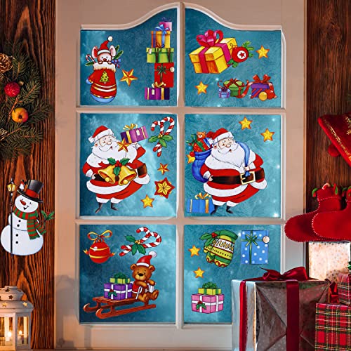Christmas Window Clings Santa Claus Decorations, 46Pcs Large Size Christmas Window Stickers, Double-Side Removable Decals for Christmas Gifts and Decor…