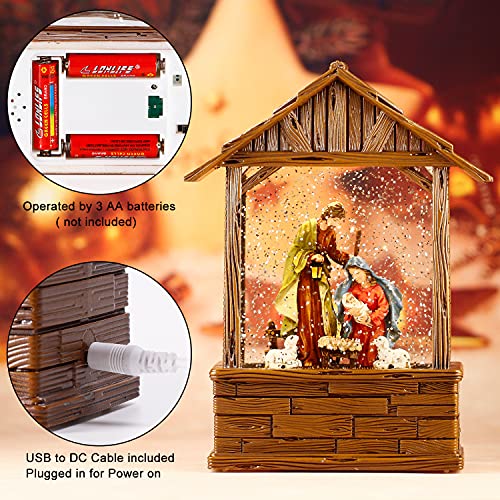 Nativity Lighted Water Lantern, Musical Snow Globe with Swirling Glitter, Battery Operated & Timer