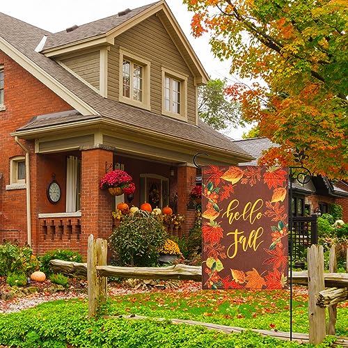 Hello Fall Garden Flags 12×18Inch Double Sided for Outside Decoration Welcome Garden Flag Farmhouse Small Seasonal Yard Flags Maple Leaf Vertica Flags for Autumn Thanksgiving Decorations