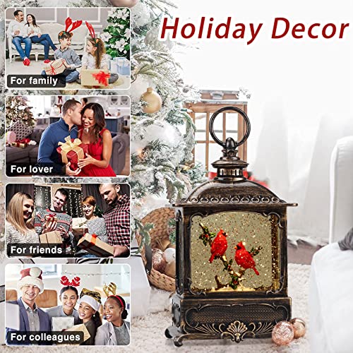 Cardinal Christmas Decorations Musical Snow Globe Lantern, Lighted Snow Globe with Swirling Glitter , 3 AA Battery Operated & USB Powered, Cardinal