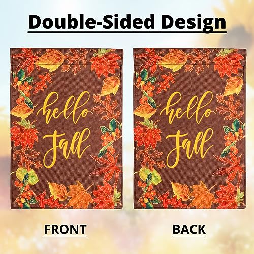 Hello Fall Garden Flags 12×18Inch Double Sided for Outside Decoration Welcome Garden Flag Farmhouse Small Seasonal Yard Flags Maple Leaf Vertica Flags for Autumn Thanksgiving Decorations