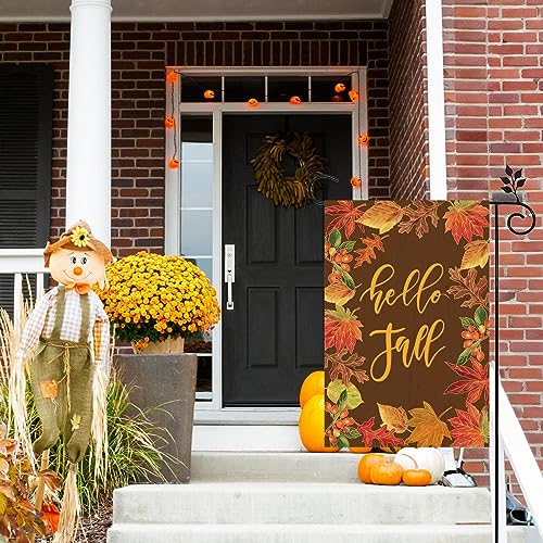 Hello Fall Garden Flags 12×18Inch Double Sided for Outside Decoration Welcome Garden Flag Farmhouse Small Seasonal Yard Flags Maple Leaf Vertica Flags for Autumn Thanksgiving Decorations