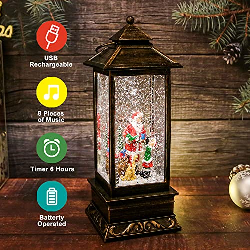Christmas Musical Snow Globe Lantern, USB Powered & Battery Operated Lighted Christmas Water Glittering Snowing Globe Christians Lantern for Christmas Decorations and Gifts (Santa Claus and Dog)