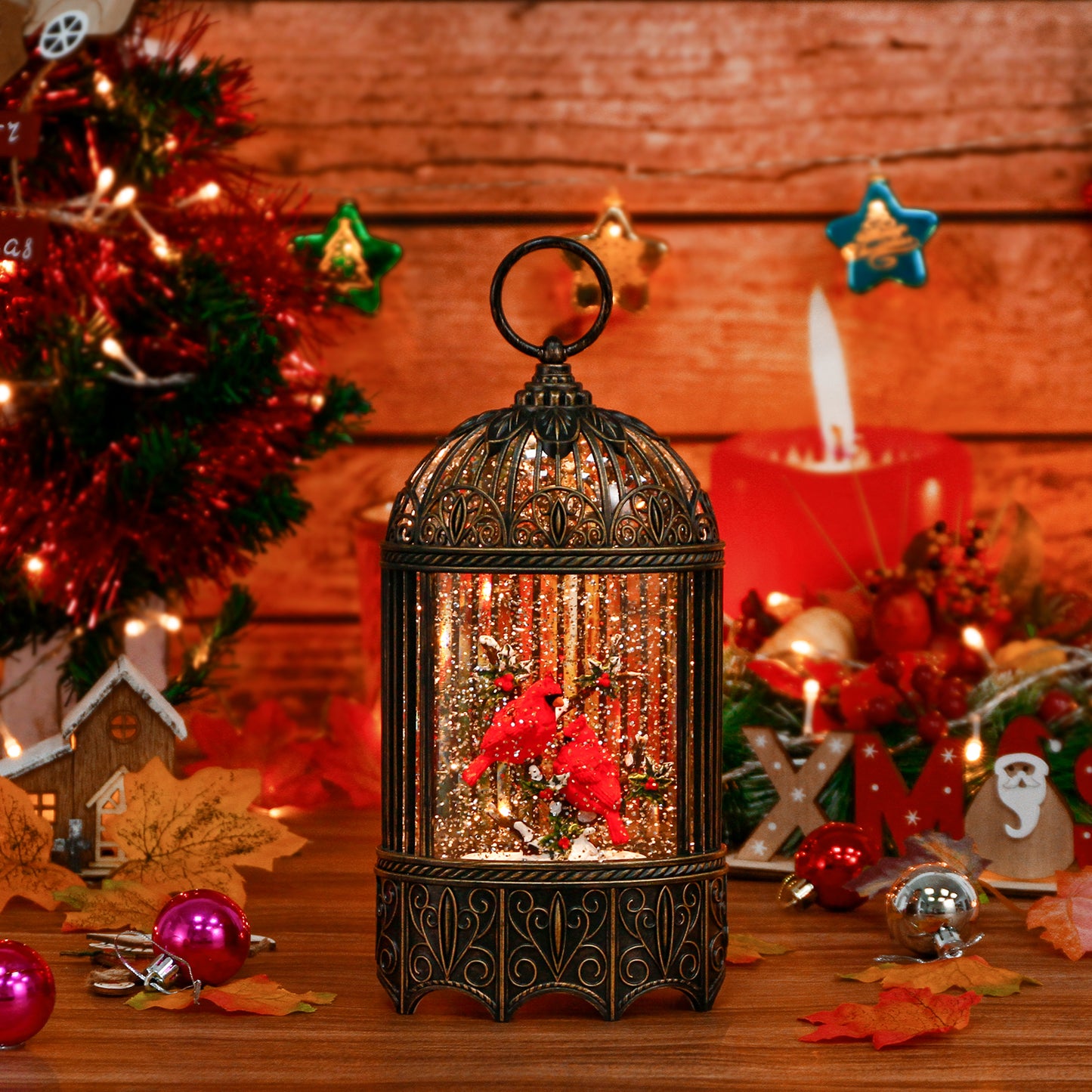 Cardinal Birdcage Christmas Musical Snow Globe with Swirling Glitter Battery Operated & 6 H Timer,Christmas Decor(Warm White)
