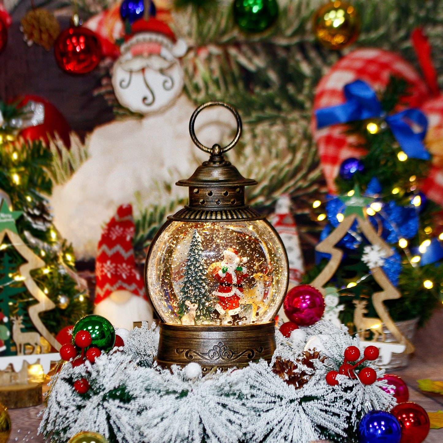 Christmas Decorations Musical Snow Globe Lantern, Water Glittering Lighted Plug-in , 3 AAA Battery Operated & USB Powered, Santa Claus, Christmas Tree and Elk…