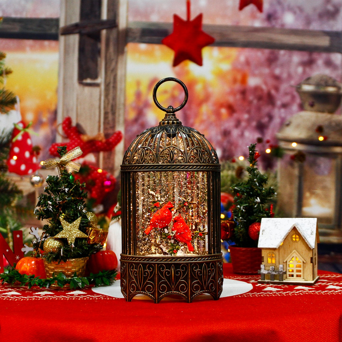 Cardinal Birdcage Christmas Musical Snow Globe with Swirling Glitter Battery Operated & 6 H Timer,Christmas Decor(Warm White)