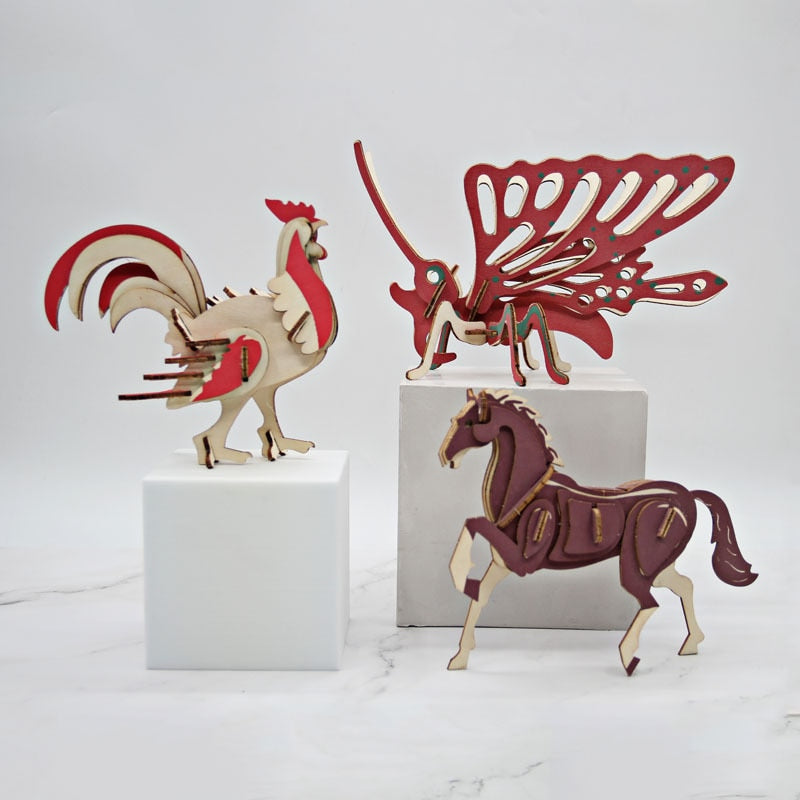 Animal Wooden Puzzle 3d Butterfly Owl Dragon Shape Model Horse Toys For Children Kids Diy Tiger Puzzles Birthday Present