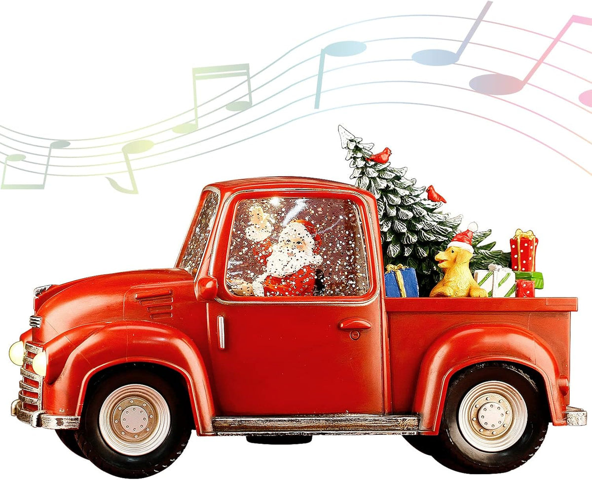 Lighted Vintage Red Truck Decor, 11.3" Musical Christmas Snow Globe with Swirling Glitter, Santa Claus in Truck Car Mode