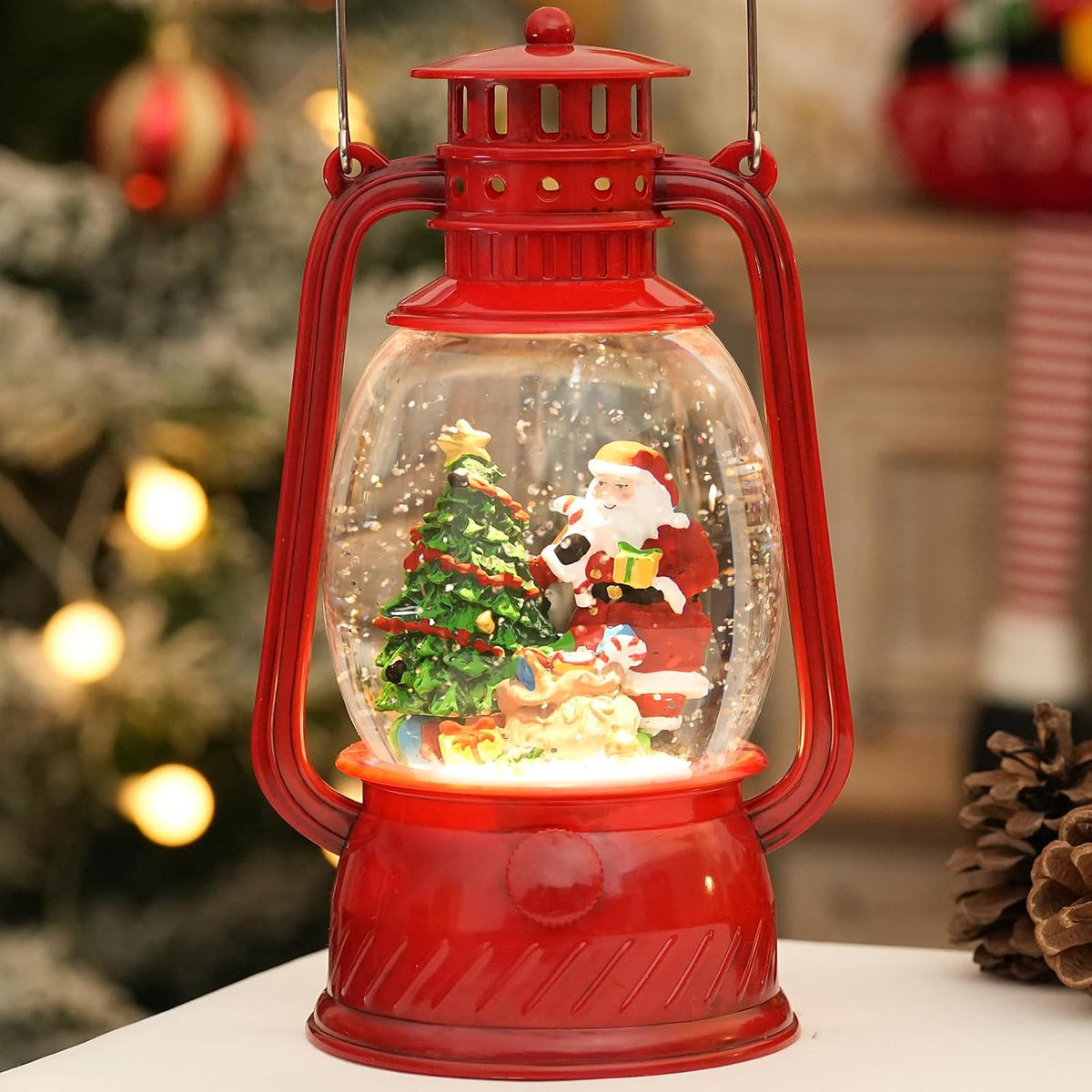 Snow Globe Christmas Decorations Indoor, Santa Claus Lighted Musical Christmas Snow Globes Lantern with Glitter & 6H Tim