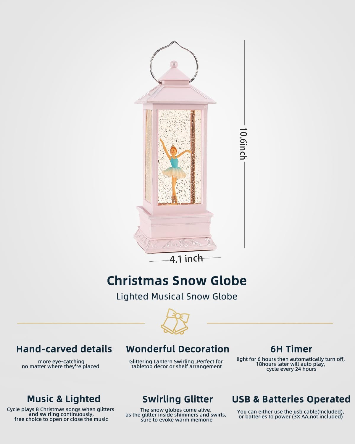 11" H Musical Snow Globes for Girls Ballerina Snow Globe Christmas Light Up 6H Timer Glitter Music Box Holiday Festival Home Decor