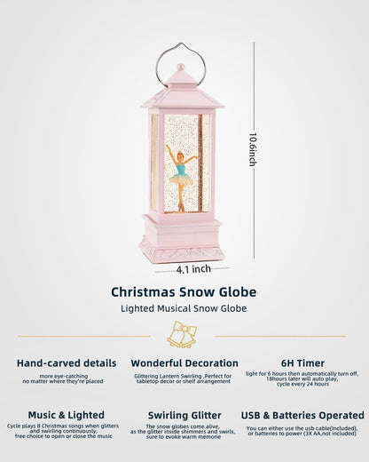 11" H Musical Snow Globes for Girls Ballerina Snow Globe Christmas Light Up 6H Timer Glitter Music Box Holiday Festival Home Decor