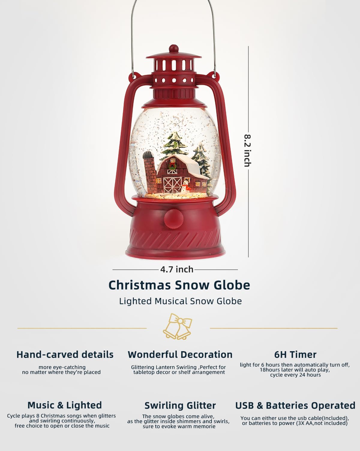 Snow Globe Christmas Decorations - Musical Christmas Snow Globes with 6H Timer,Christmas Village Lighted Scene Snow Globes Lantern USB or Battery Powered,Christmas Decorations Decor for Home