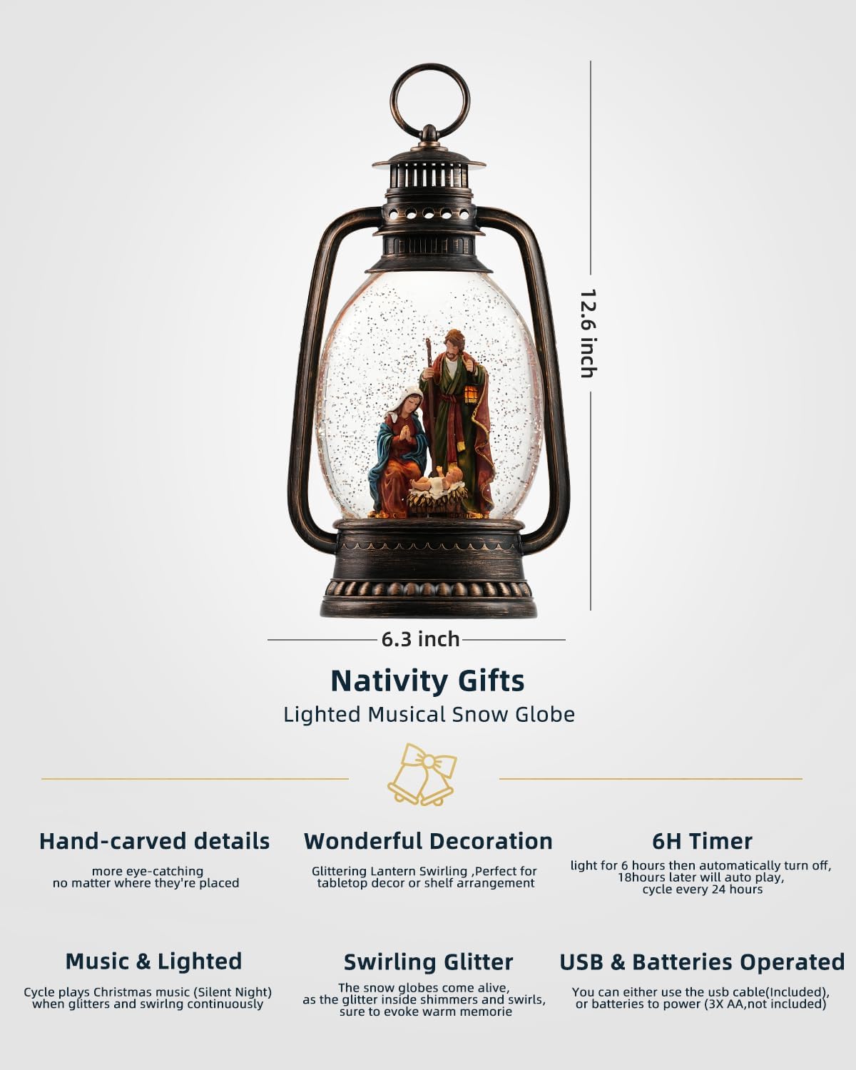 12.6 Inch Large Christmas Snow Globes, Nativity Snow Globe Christmas with Silent Night Music, Glittering Timer Snow Globe Lantern with Jesus for Christmas Decor(Jesus)