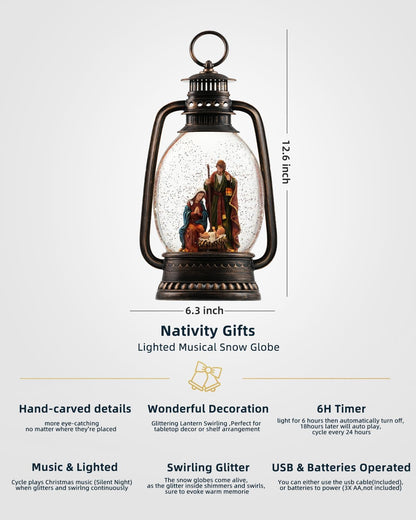 12.6 Inch Large Christmas Snow Globes, Nativity Snow Globe Christmas with Silent Night Music, Glittering Timer Snow Globe Lantern with Jesus for Christmas Decor(Jesus)