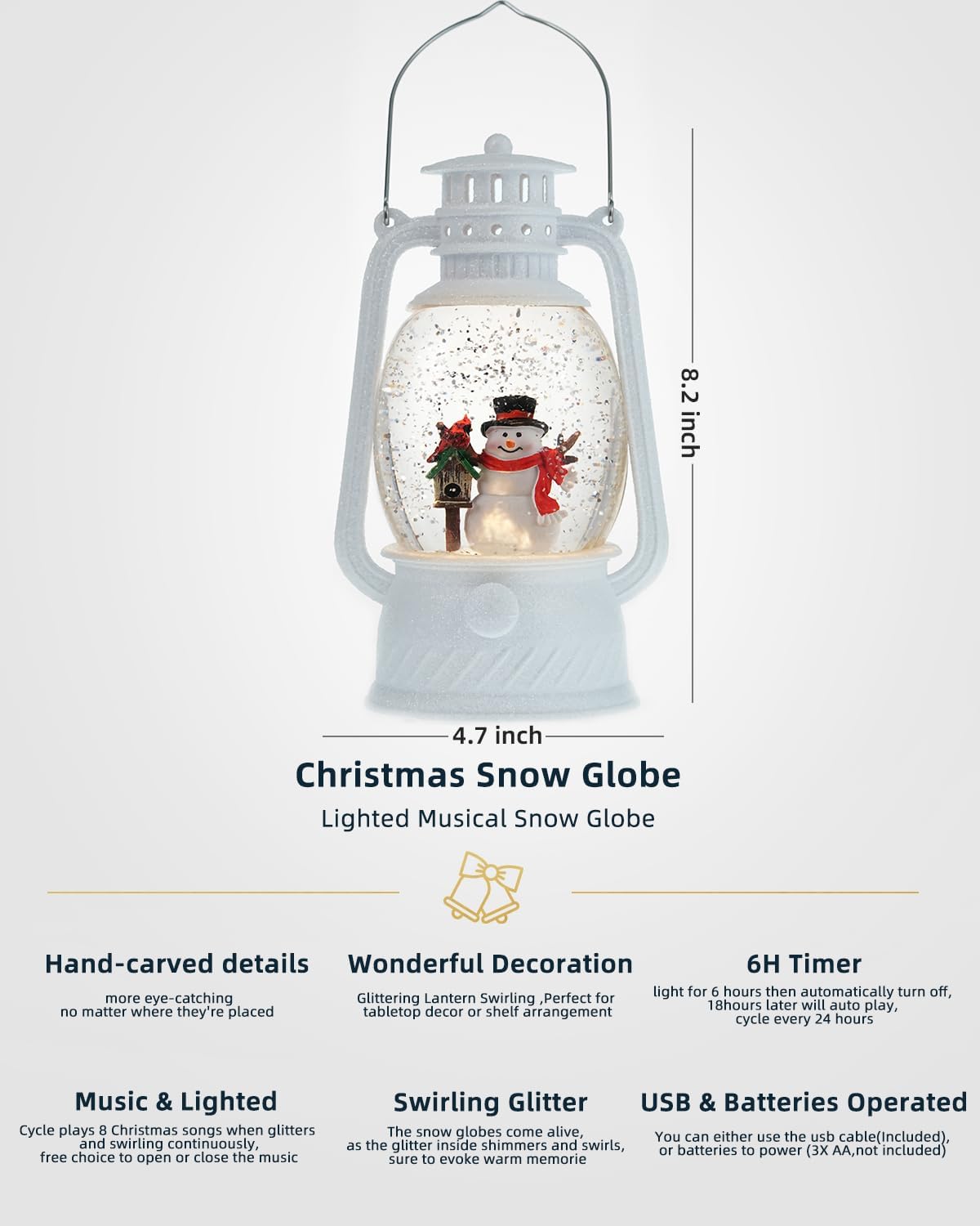 Christmas Snow Globes Snowman Decor, Musical Glitter Globe Light Up 6H Timer Cardinal Mailbox Village Snowman Snow Globe Christmas Decorations