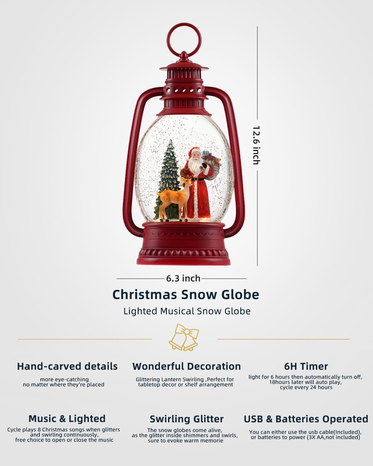 12.6 Inch Large Christmas Snow Globes, Snow Globe Christmas with Santa, Glittering Snow Globe Lantern with Timer, Musical Christmas Snow Globe for Christmas Decor(Santa)