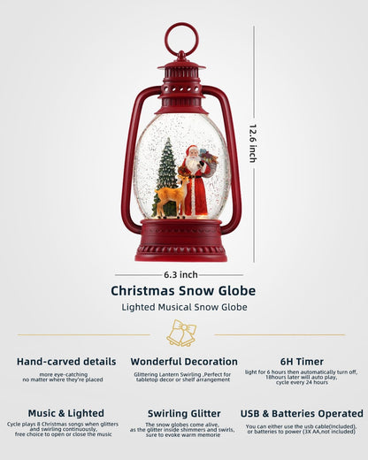 12.6 Inch Large Christmas Snow Globes, Snow Globe Christmas with Santa, Glittering Snow Globe Lantern with Timer, Musical Christmas Snow Globe for Christmas Decor(Santa)