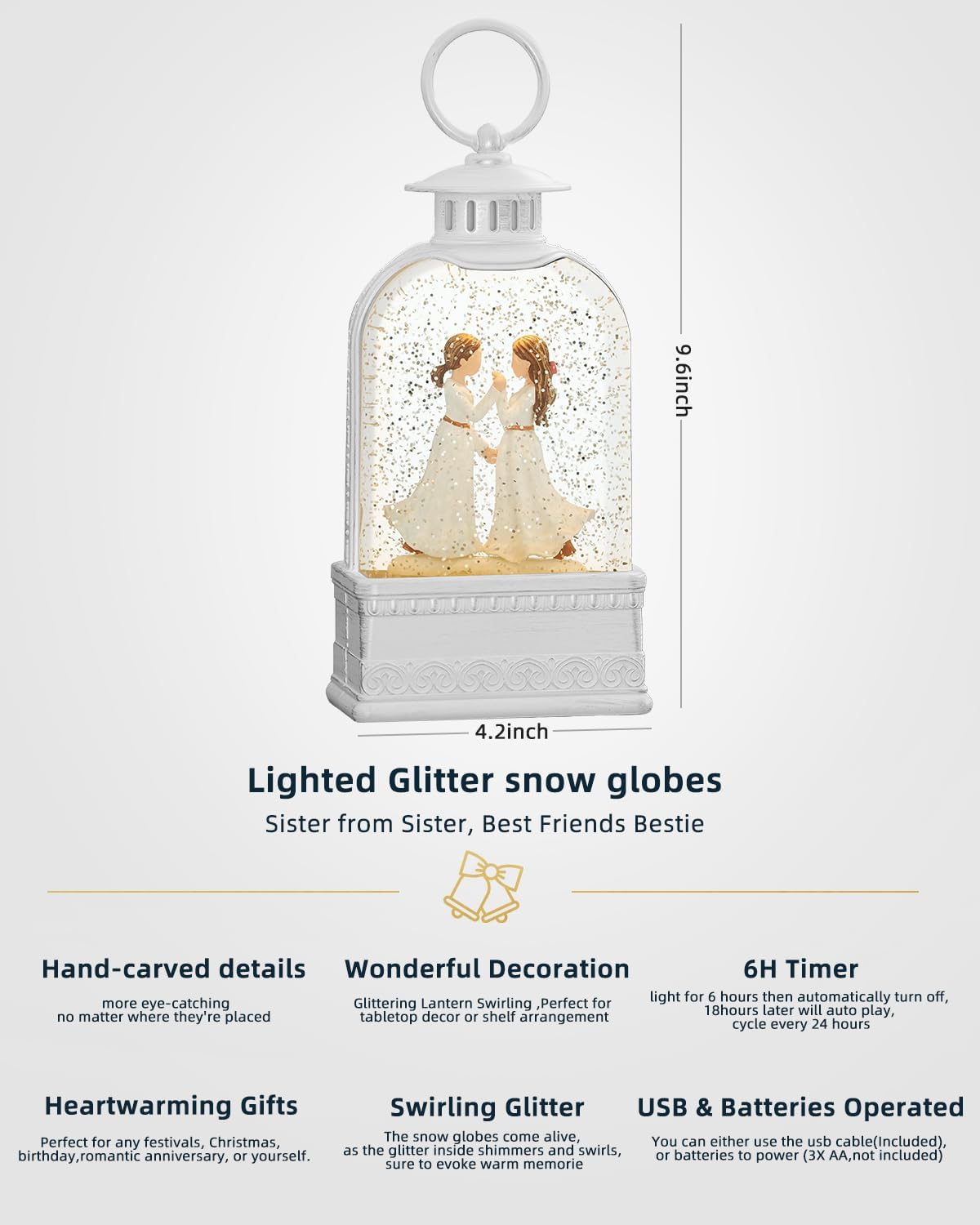 Sister Gifts Christmas Snow Globes, Light Up 6H Timer Glitter Globe Sister Gifts from Sisters, Best Friends Bestie,Birthday Sister for Sister Figurines