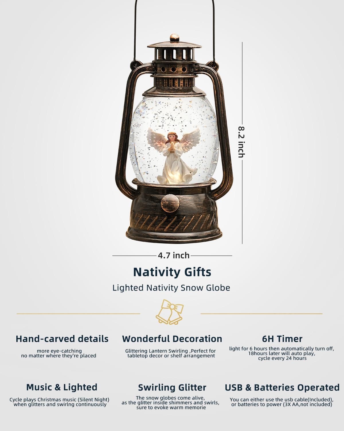 Christmas Decorations Indoor-Musical Snow Globe Christmas with 6H Timer,Angel Lighted Scene Snow Globes Lantern USB or Battery Powered,Christmas Decorations Decor for Home