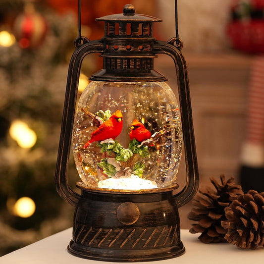 Cardinal Snow Globe Christmas Decorations Indoor, Lighted Musical Christmas Snow Globes Lantern with Glitter & 6H Timer, Cardinal Christmas Decorations for Home
