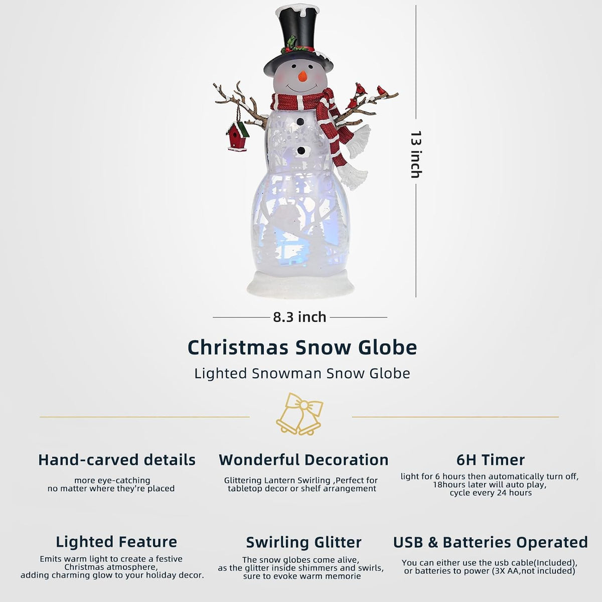 Large Snowman Christmas Snow Globe with Cardinals - Rotating Internal Scene with Swirling Glitter & Colorful Lights, 6H-Timer, Battery/USB Powered, Holiday Christmas Decoration​(Snowman Cardinals)