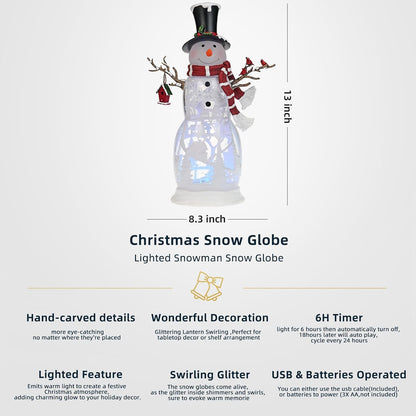 Large Snowman Christmas Snow Globe with Cardinals - Rotating Internal Scene with Swirling Glitter & Colorful Lights, 6H-Timer, Battery/USB Powered, Holiday Christmas Decoration​(Snowman Cardinals)